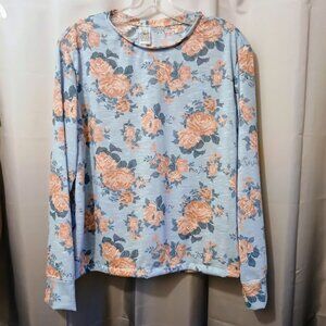 New Pink & Blue Roses T-shirt Top womens Large Long sleeve Scoop neck tee Soft!
